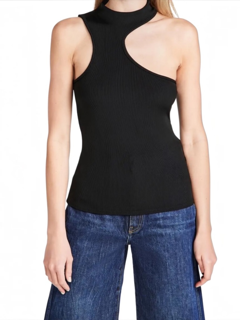 ANINE BING Lesly Tank Top Black Size S Asymmetric Cutout Ribbed Mock Neck